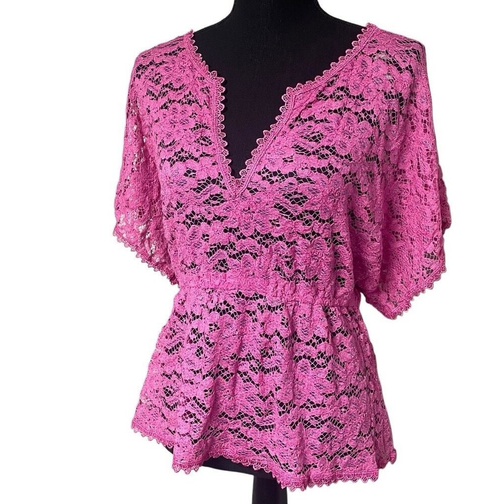 Mudd Hot Pink Sheer Lace Short Kimono Sleeve Babydoll Top